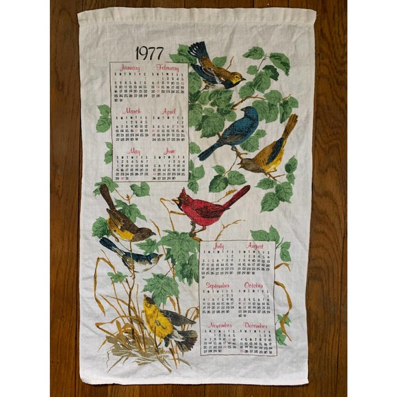 Vintage 1977 Calendar Kitchen Towel 25" x 15"  Birds - Picture 1 of 1